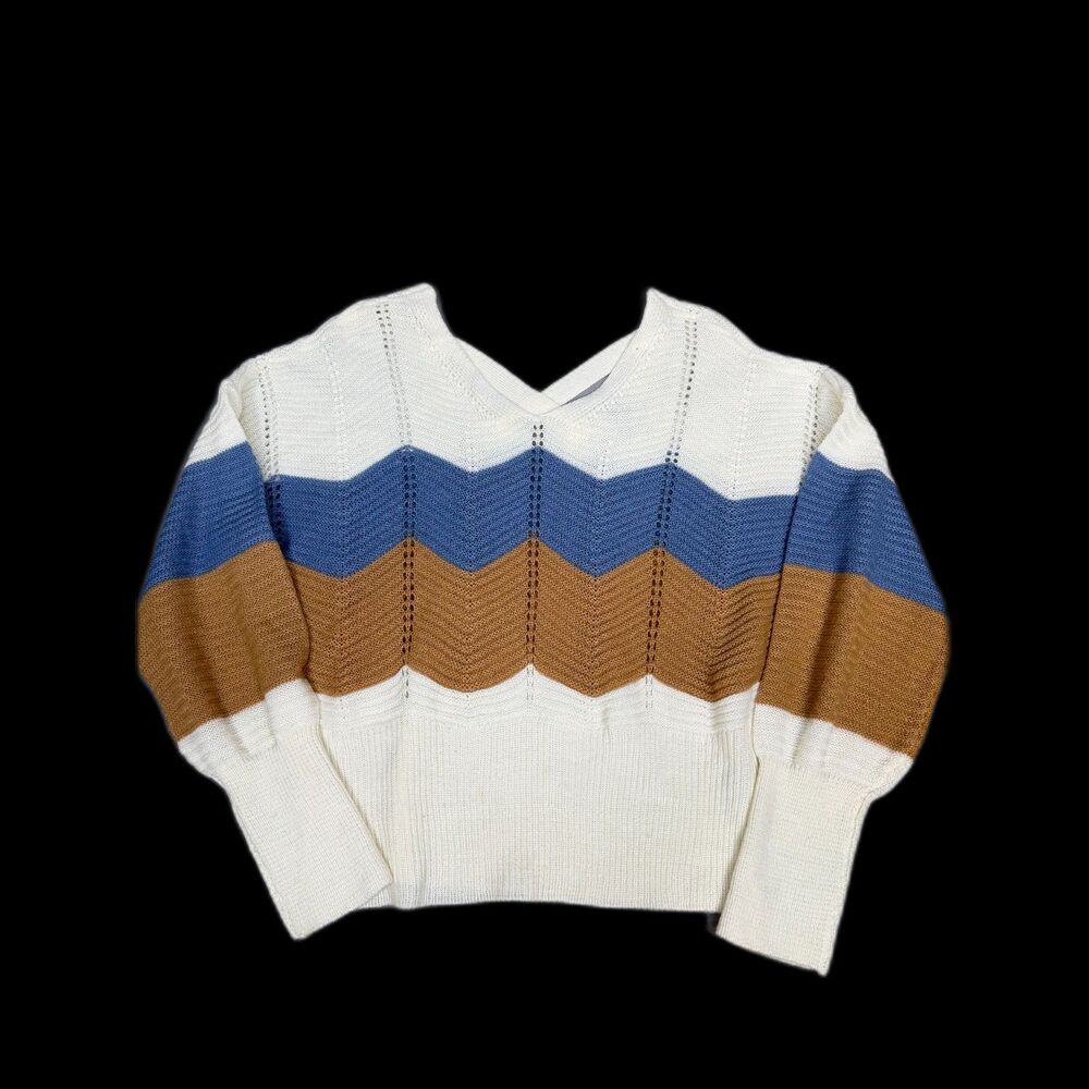 FCT WITH LOVE Chevron Pointelle Knit Cropped Sweater XL Criss-Cross Back BlueTan